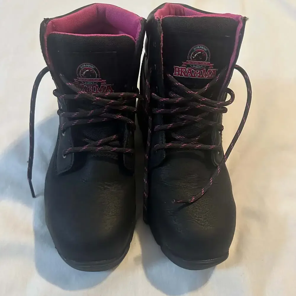 Brahma Bevel Women's Steel Toe Black Pink Leather Utility Work Boots - Picture 2 of 12